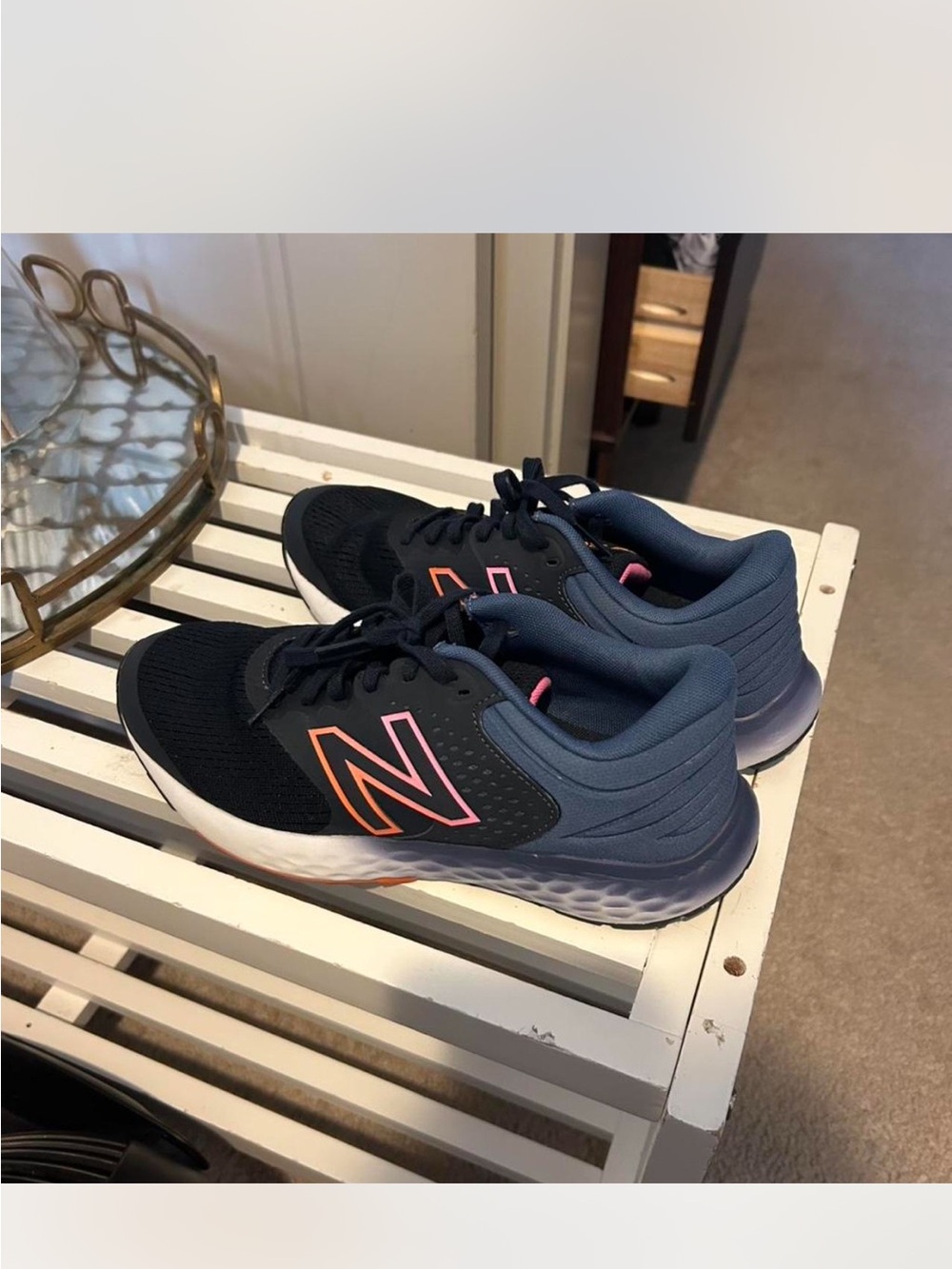 New Balance Navy Blue Black Athletic Sneakers with Pink Accent